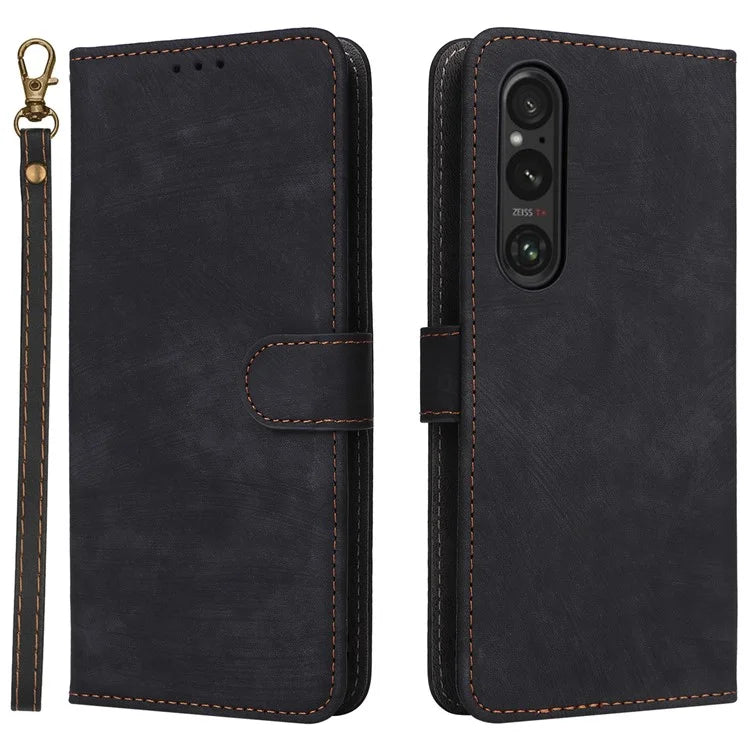 For Sony Xperia 1 VI Leather Case RFID Blocking Wallet Cover with Wrist Strap