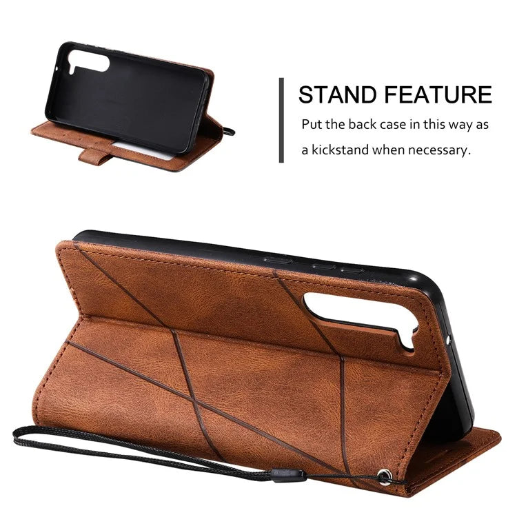 For Samsung Galaxy S23 Case Imprinted Lines Leather Cover with Wallet Stand