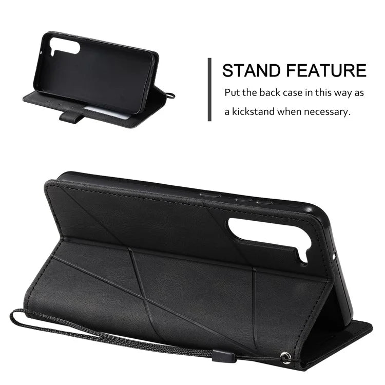 For Samsung Galaxy S23 Case Imprinted Lines Leather Cover with Wallet Stand
