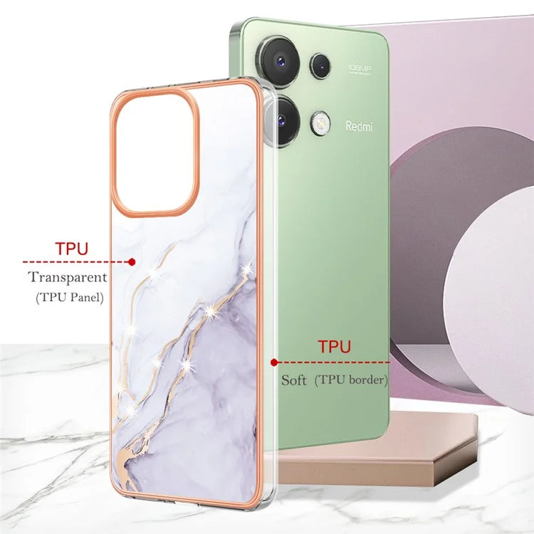YB IMD Series-2 For Xiaomi Redmi Note 13 4G Back Case Marble Pattern Electroplated Frame TPU Phone Shell