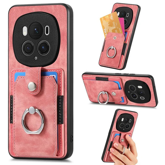 D2 for Honor Magic6 Pro 5G Case Card Slots Retro Leather Coated TPU Kickstand Cover