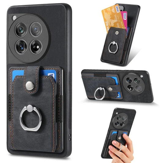 D2 Phone Cover for OnePlus 12 5G Case Retro Drop-resistant Leather+TPU Kickstand Shell