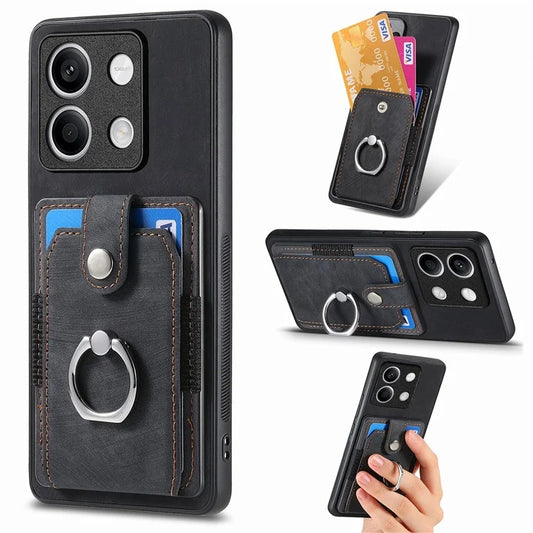 D2 for Xiaomi Redmi Note 13 4G Case Card Slots Retro Leather Coated TPU Kickstand Cover