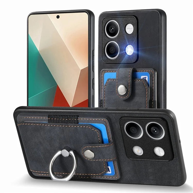 D2 for Xiaomi Redmi Note 13 4G Case Card Slots Retro Leather Coated TPU Kickstand Cover