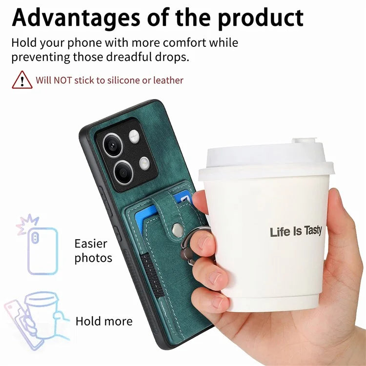 D2 for Xiaomi Redmi Note 13 4G Case Card Slots Retro Leather Coated TPU Kickstand Cover