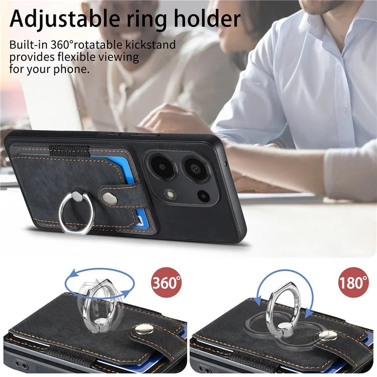 D2 for Xiaomi Redmi Note 13 Pro 4G / Poco M6 Pro 4G Case Card Slots Retro PU+TPU Cover with Kickstand