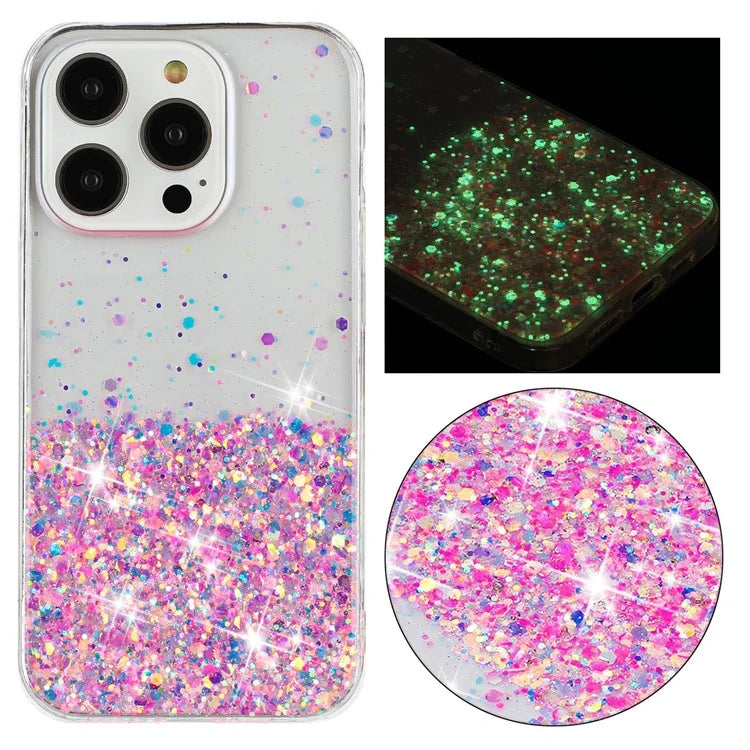 For iPhone 15 Pro Phone Case Epoxy TPU Glitter Sparkle Luminous Back Cover