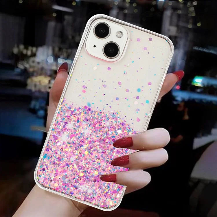 For iPhone 15 Cover Luminous Sequins Decor Anti-scratch Epoxy TPU Phone Case