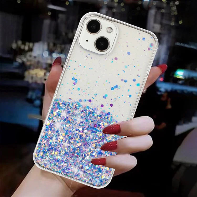 For iPhone 15 Cover Luminous Sequins Decor Anti-scratch Epoxy TPU Phone Case