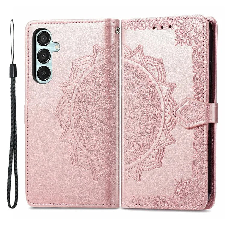 For Samsung Galaxy M15 5G PU Leather Case Shockproof Cell Phone Cover Emboss Mandala Flower Wallet