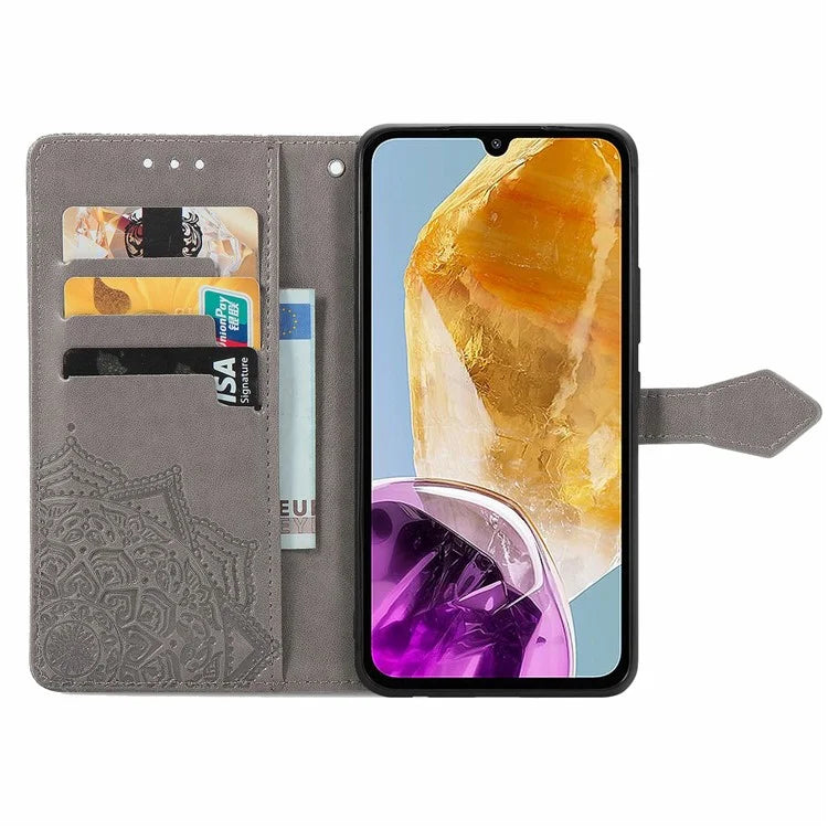 For Samsung Galaxy M15 5G PU Leather Case Shockproof Cell Phone Cover Emboss Mandala Flower Wallet