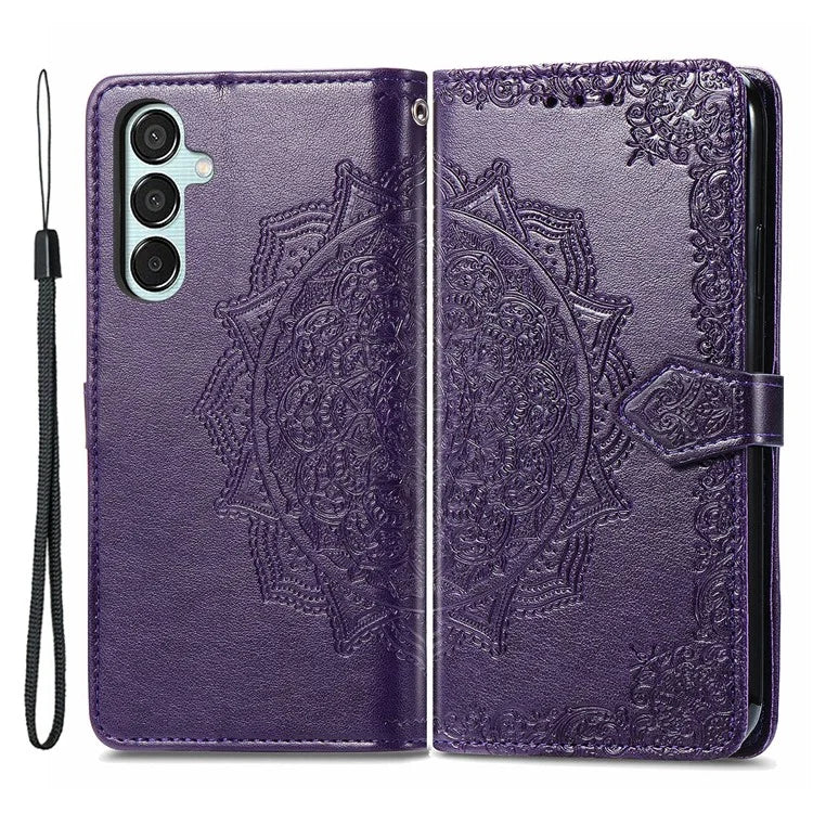 For Samsung Galaxy M15 5G PU Leather Case Shockproof Cell Phone Cover Emboss Mandala Flower Wallet