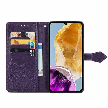 For Samsung Galaxy M15 5G PU Leather Case Shockproof Cell Phone Cover Emboss Mandala Flower Wallet