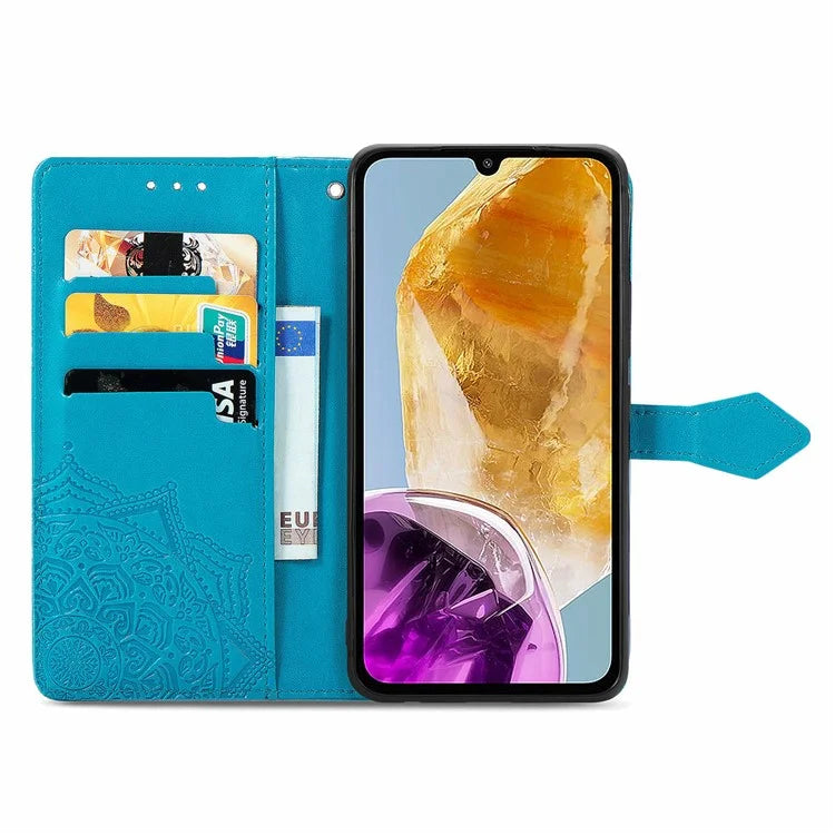 For Samsung Galaxy M15 5G PU Leather Case Shockproof Cell Phone Cover Emboss Mandala Flower Wallet