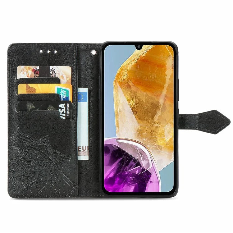 For Samsung Galaxy M15 5G PU Leather Case Shockproof Cell Phone Cover Emboss Mandala Flower Wallet