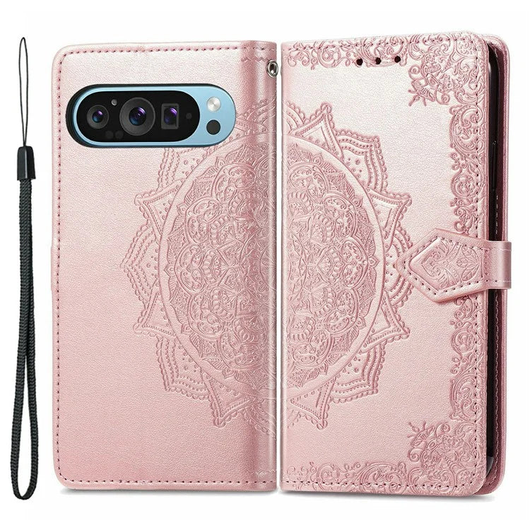 For Google Pixel 9 Pro XL Leather Wallet Case Stand Flip Phone Cover Emboss Mandala Flower
