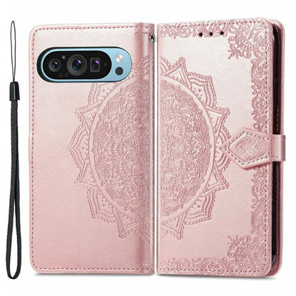 For Google Pixel 9 Pro XL Leather Wallet Case Stand Flip Phone Cover Emboss Mandala Flower