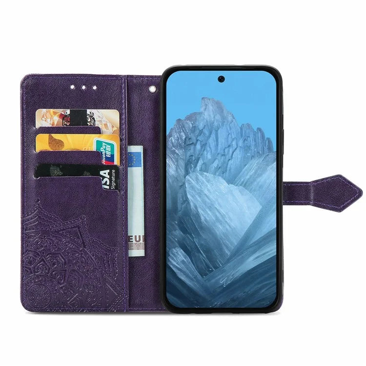 For Google Pixel 9 Pro XL Leather Wallet Case Stand Flip Phone Cover Emboss Mandala Flower