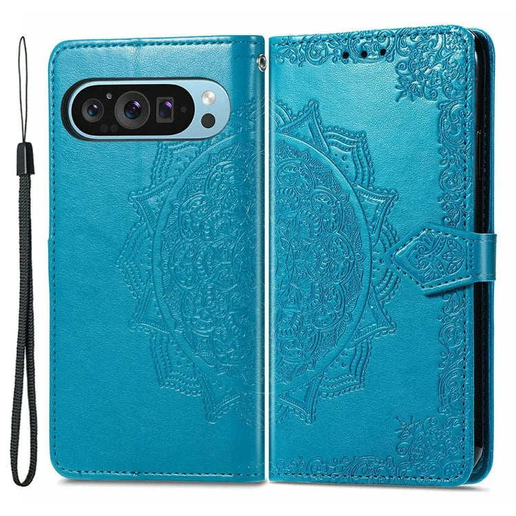 For Google Pixel 9 Pro XL Leather Wallet Case Stand Flip Phone Cover Emboss Mandala Flower