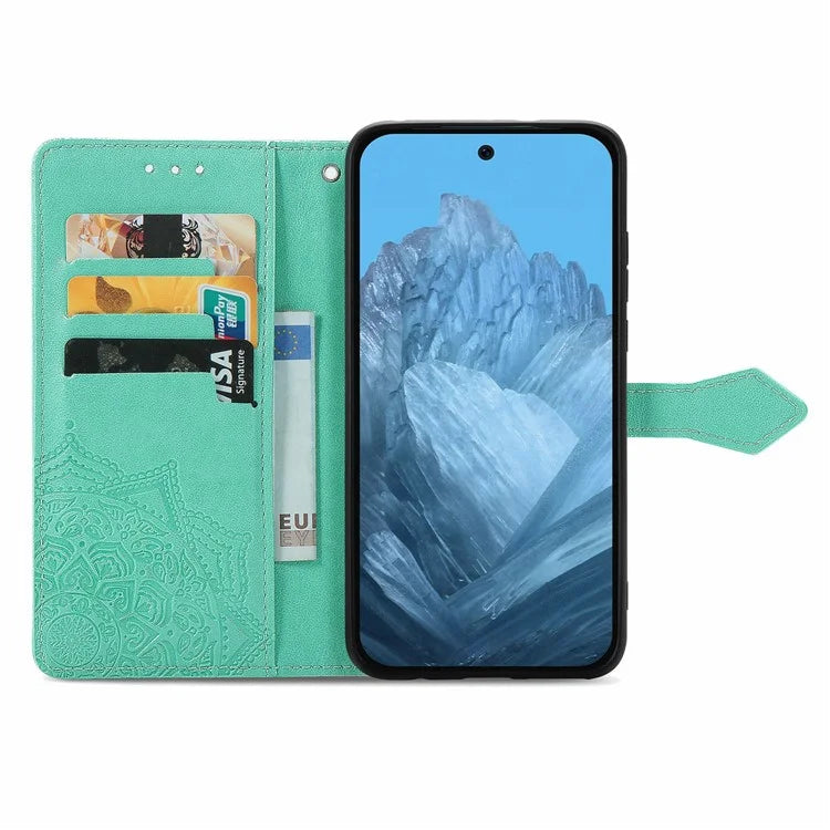 For Google Pixel 9 Pro XL Leather Wallet Case Stand Flip Phone Cover Emboss Mandala Flower