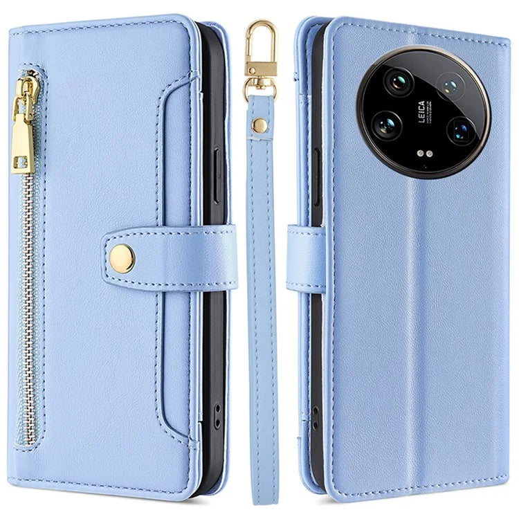For Xiaomi 14 Ultra Case Zipper Pocket PU Leather Phone Cover Wallet with 2 Straps