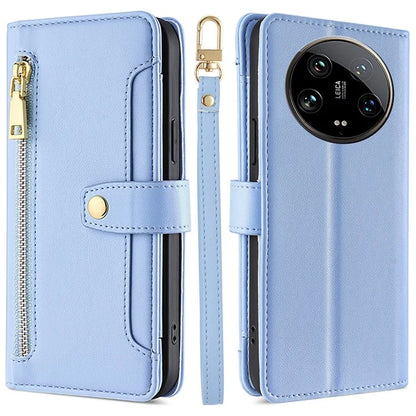 For Xiaomi 14 Ultra Case Zipper Pocket PU Leather Phone Cover Wallet with 2 Straps