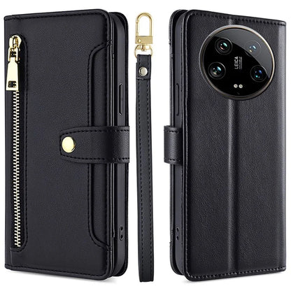 For Xiaomi 14 Ultra Case Zipper Pocket PU Leather Phone Cover Wallet with 2 Straps