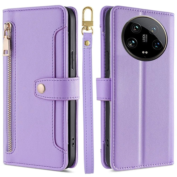 For Xiaomi 14 Ultra Case Zipper Pocket PU Leather Phone Cover Wallet with 2 Straps