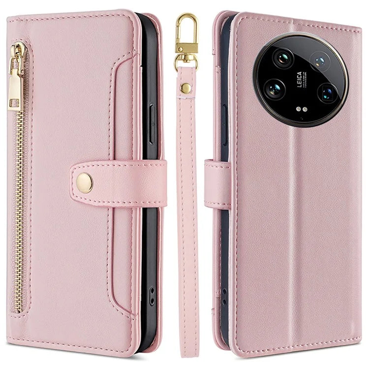 For Xiaomi 14 Ultra Case Zipper Pocket PU Leather Phone Cover Wallet with 2 Straps