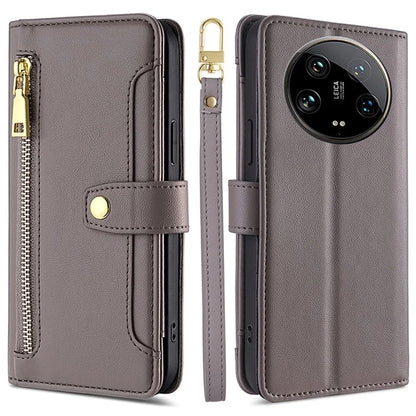 For Xiaomi 14 Ultra Case Zipper Pocket PU Leather Phone Cover Wallet with 2 Straps