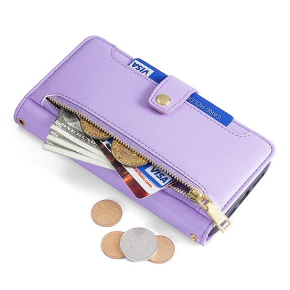 For Xiaomi Redmi Note 13R Pro 5G Case Zipper Pocket Wallet Leather Phone Cover with 2 Straps