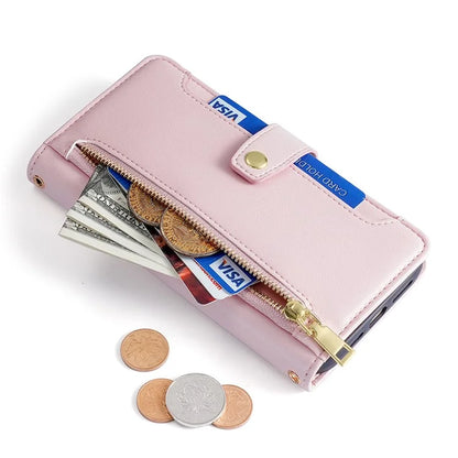 For Xiaomi Redmi Note 13R Pro 5G Case Zipper Pocket Wallet Leather Phone Cover with 2 Straps