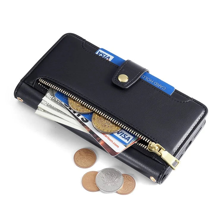 For Xiaomi Redmi Note 13R Pro 5G Case Zipper Pocket Wallet Leather Phone Cover with 2 Straps