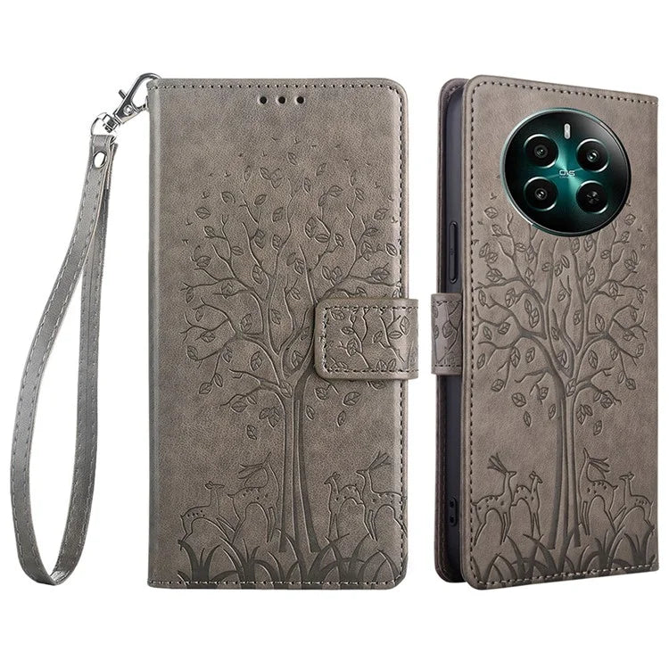For Realme 12+ 5G Leather Case Tree Imprinted Stand Mobile Phone Cover