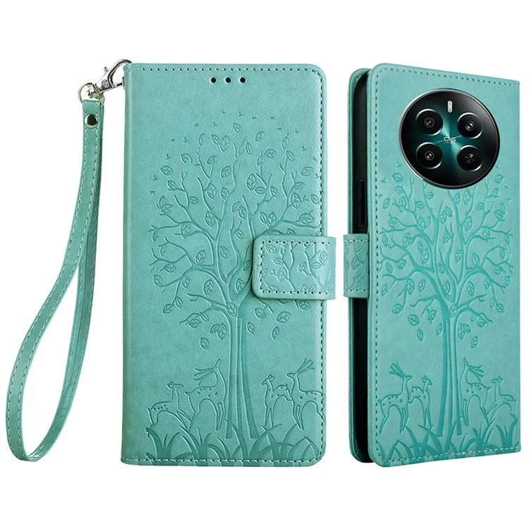 For Realme 12+ 5G Leather Case Tree Imprinted Stand Mobile Phone Cover