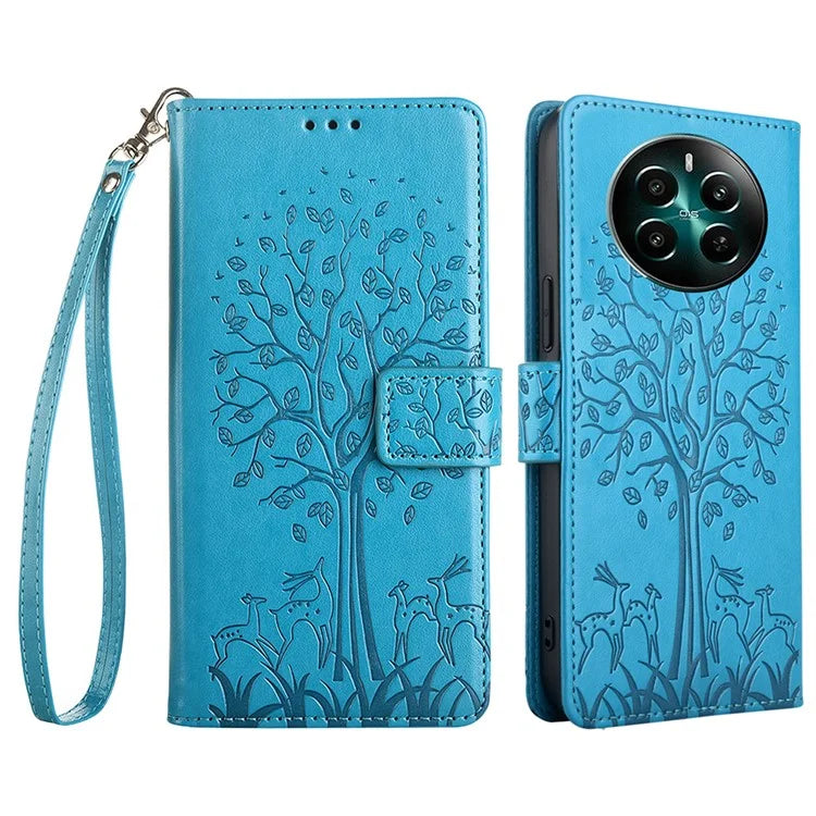 For Realme 12+ 5G Leather Case Tree Imprinted Stand Mobile Phone Cover