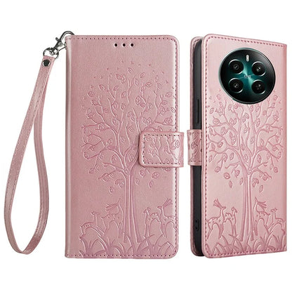 For Realme 12+ 5G Leather Case Tree Imprinted Stand Mobile Phone Cover