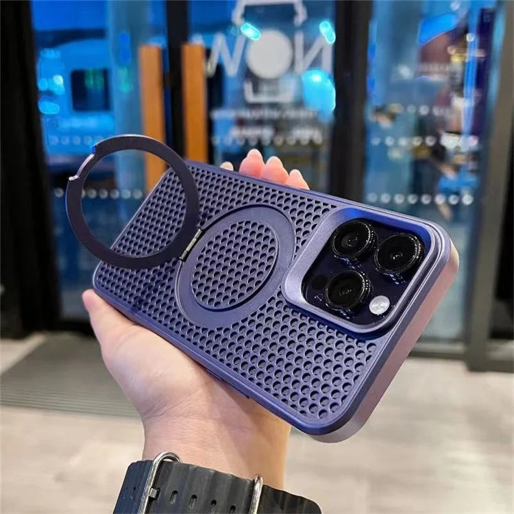 For iPhone 14 Pro Max Case Honeycomb Heat Dissipation PC+TPU Magnetic Ring Kickstand Cover