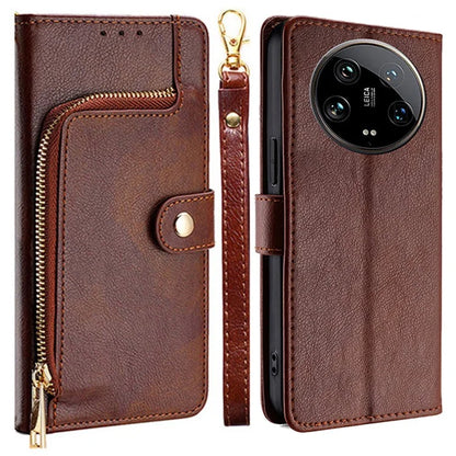 For Xiaomi 14 Ultra Phone Shell Zipper Wallet Leather Stand Case with Hand Strap