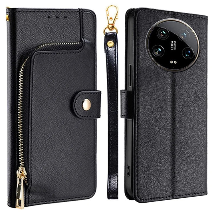 For Xiaomi 14 Ultra Phone Shell Zipper Wallet Leather Stand Case with Hand Strap