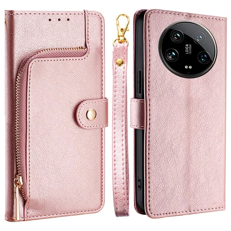 For Xiaomi 14 Ultra Phone Shell Zipper Wallet Leather Stand Case with Hand Strap