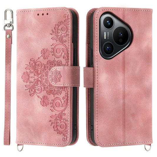 For Huawei Pura 70 Case Wallet Flower Pattern PU Leather Phone Cover with Crossbody Strap