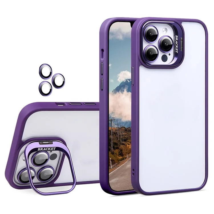 U1 For iPhone 13 Pro Case Lens Frame Kickstand TPU+Acrylic Phone Cover with Glass Lens Film