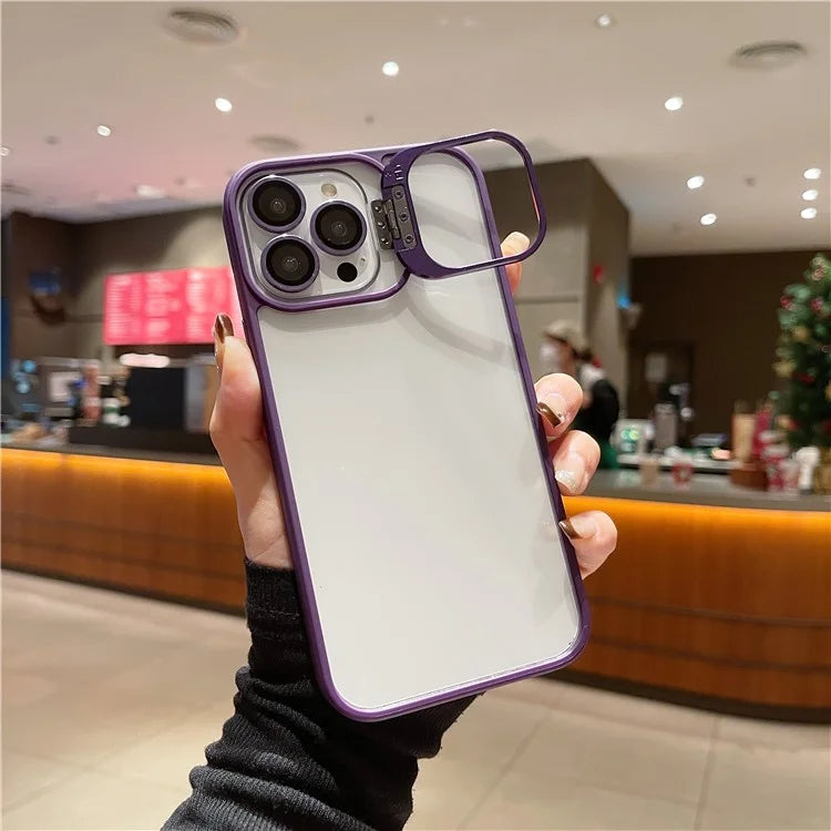 U1 For iPhone 13 Pro Case Lens Frame Kickstand TPU+Acrylic Phone Cover with Glass Lens Film