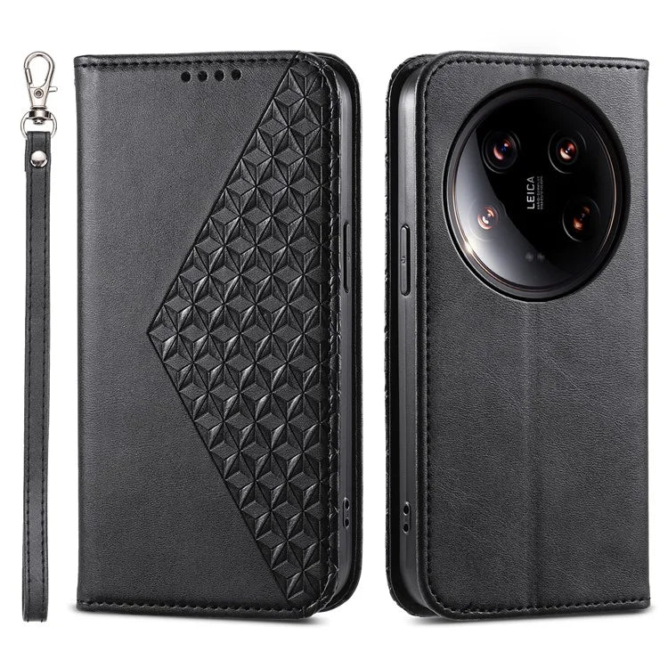 For Xiaomi 14 Ultra Case PU Leather Rhombus Imprinted Pattern Wallet Phone Cover