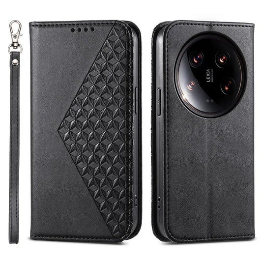 For Xiaomi 14 Ultra Case PU Leather Rhombus Imprinted Pattern Wallet Phone Cover