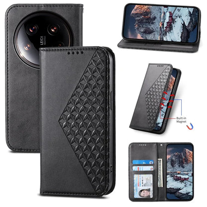 For Xiaomi 14 Ultra Case PU Leather Rhombus Imprinted Pattern Wallet Phone Cover