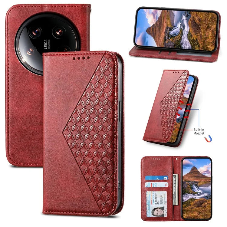 For Xiaomi 14 Ultra Case PU Leather Rhombus Imprinted Pattern Wallet Phone Cover