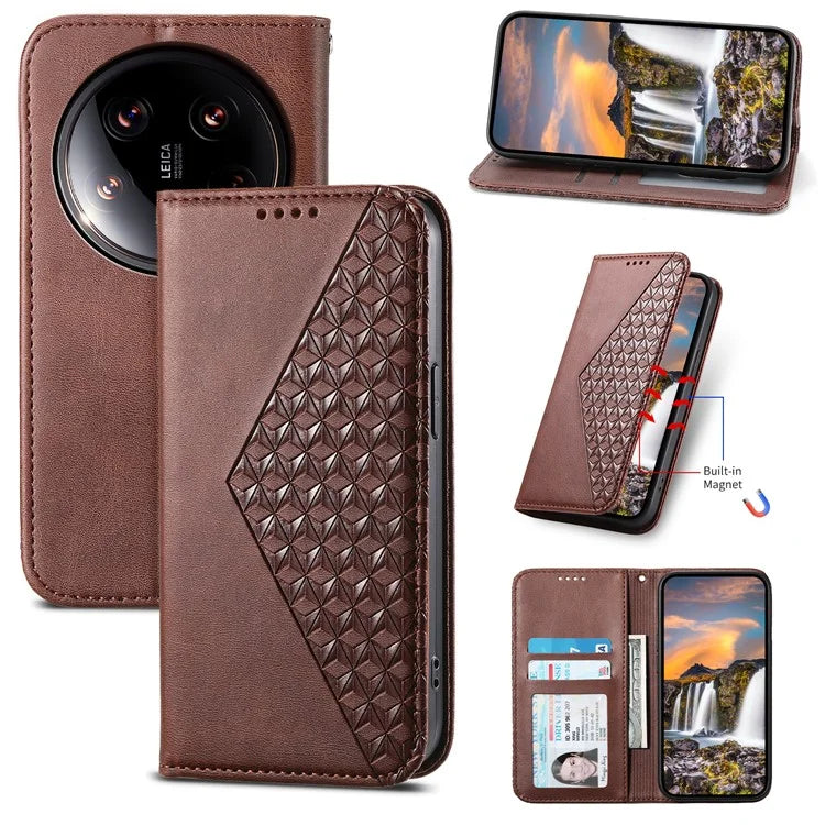 For Xiaomi 14 Ultra Case PU Leather Rhombus Imprinted Pattern Wallet Phone Cover