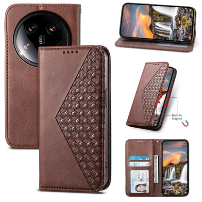 For Xiaomi 14 Ultra Case PU Leather Rhombus Imprinted Pattern Wallet Phone Cover